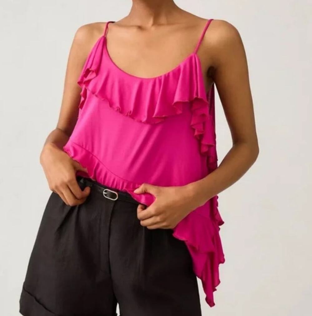 NWT Anthropologie Pink Ruffle Asymmetrical Sleeveless Blouse Women's XL